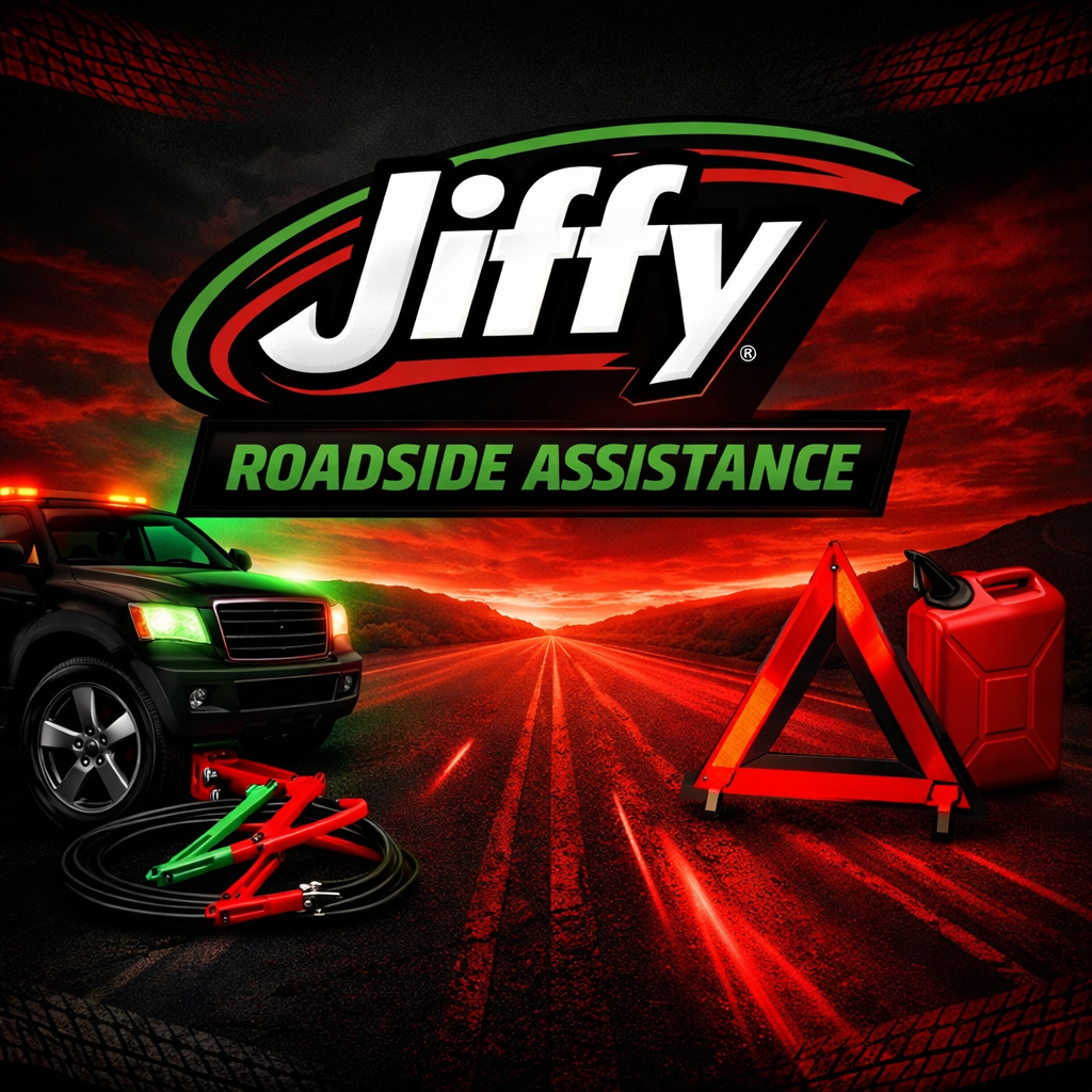 Jiffy roadside assistance logo with tow truck, jumper cables, warning triangle, and gas can on highway at sunset