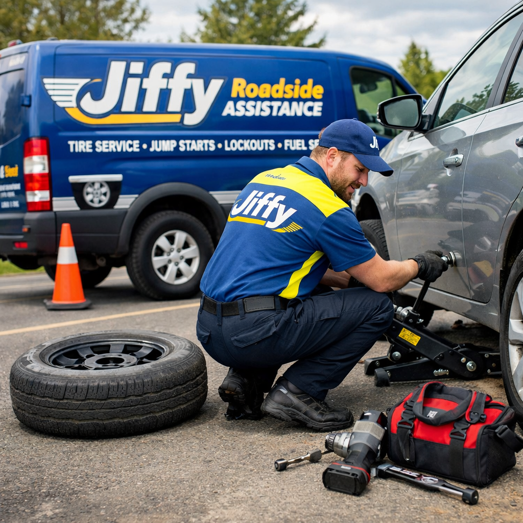 Jiffy roadside assistance technician changing a flat tire on a gray car